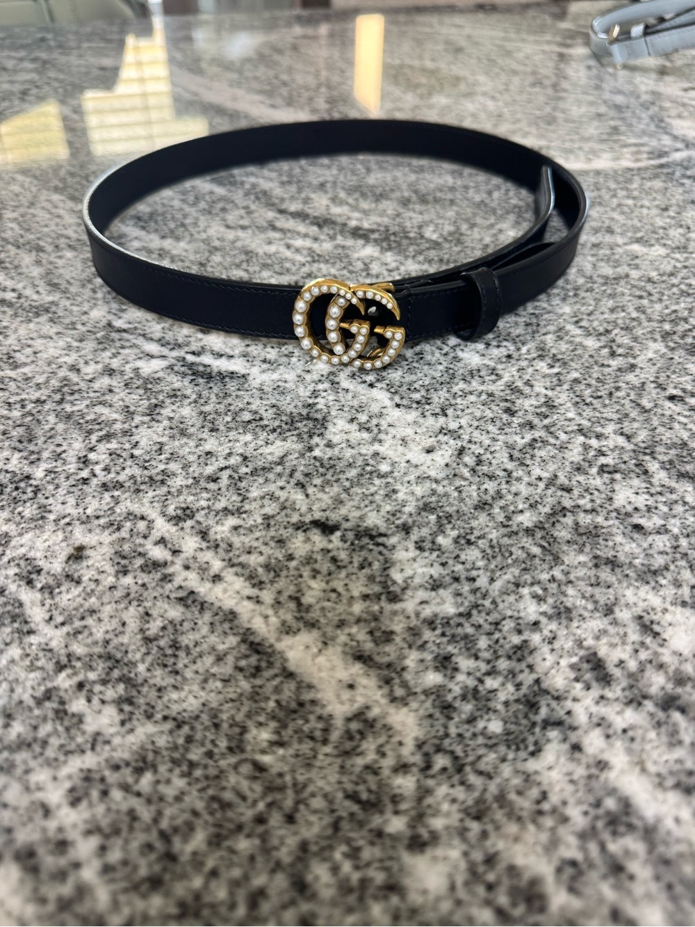 Gucci Black Leather Belt with Pearl-Trimmed Gold GG Buckle